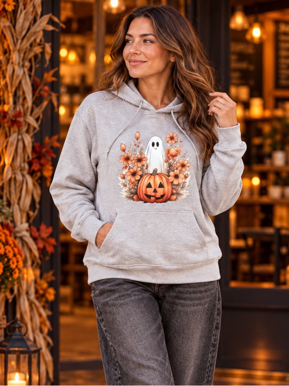 HALLOWEEN Cute Ghost and Florals Terry Tan Printed on a Amazon Hoodie